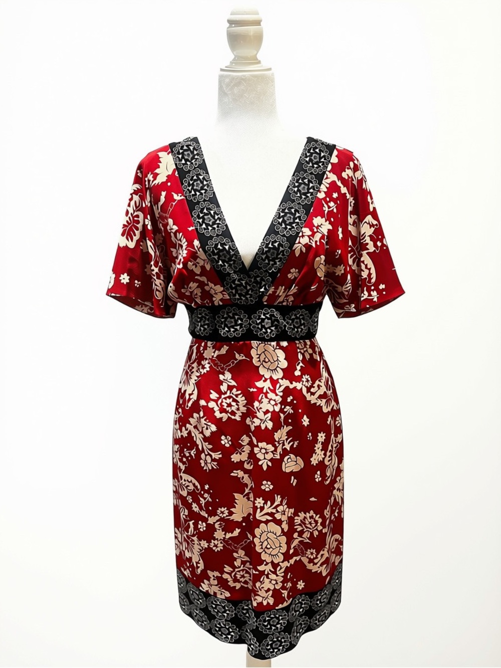 Phoebe Couture Red Floral V-Neck Mini Dress with Black Trim Accents